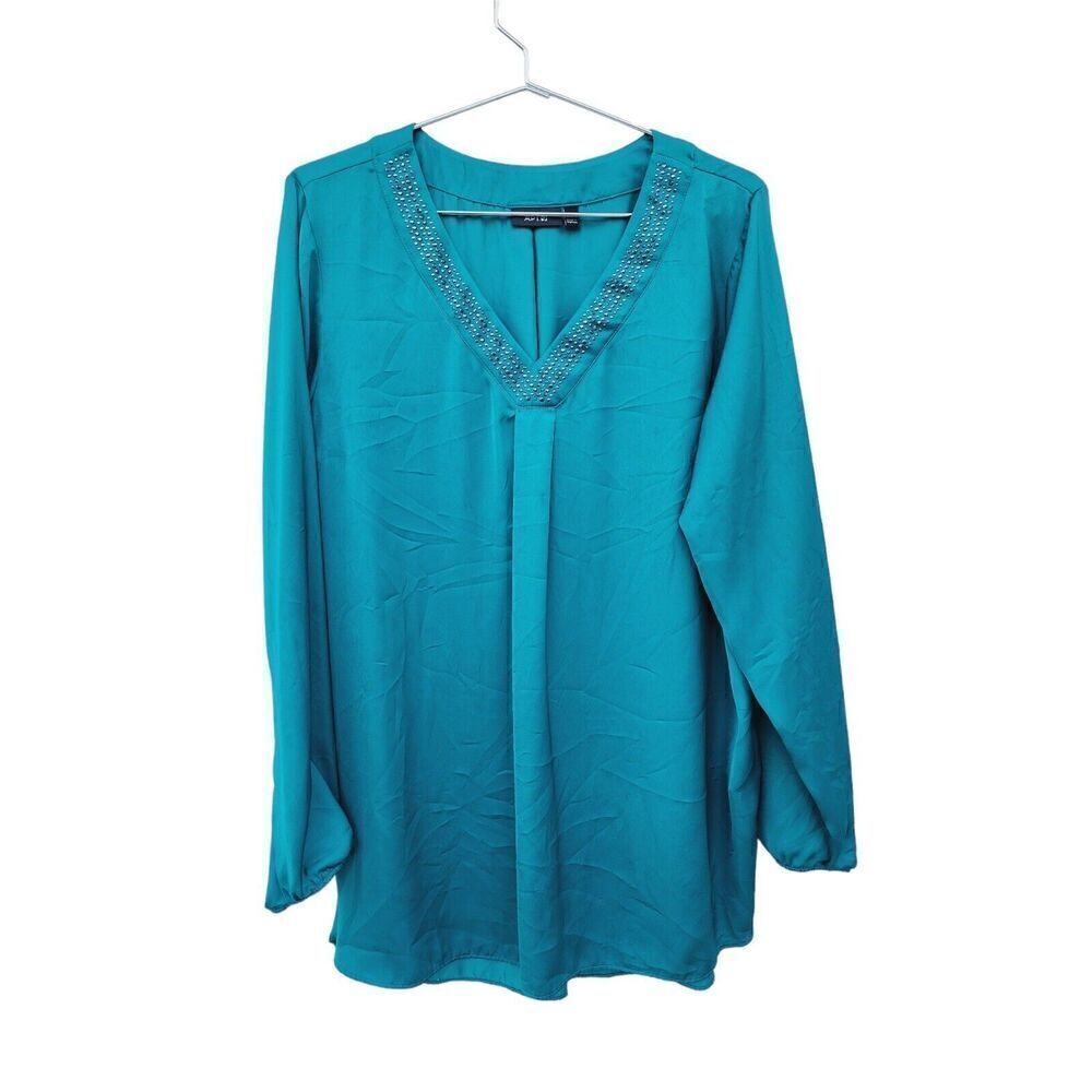 Apt 9 Embellished Blouse Silky Emerald Green V-Neck studded Top Womens XL